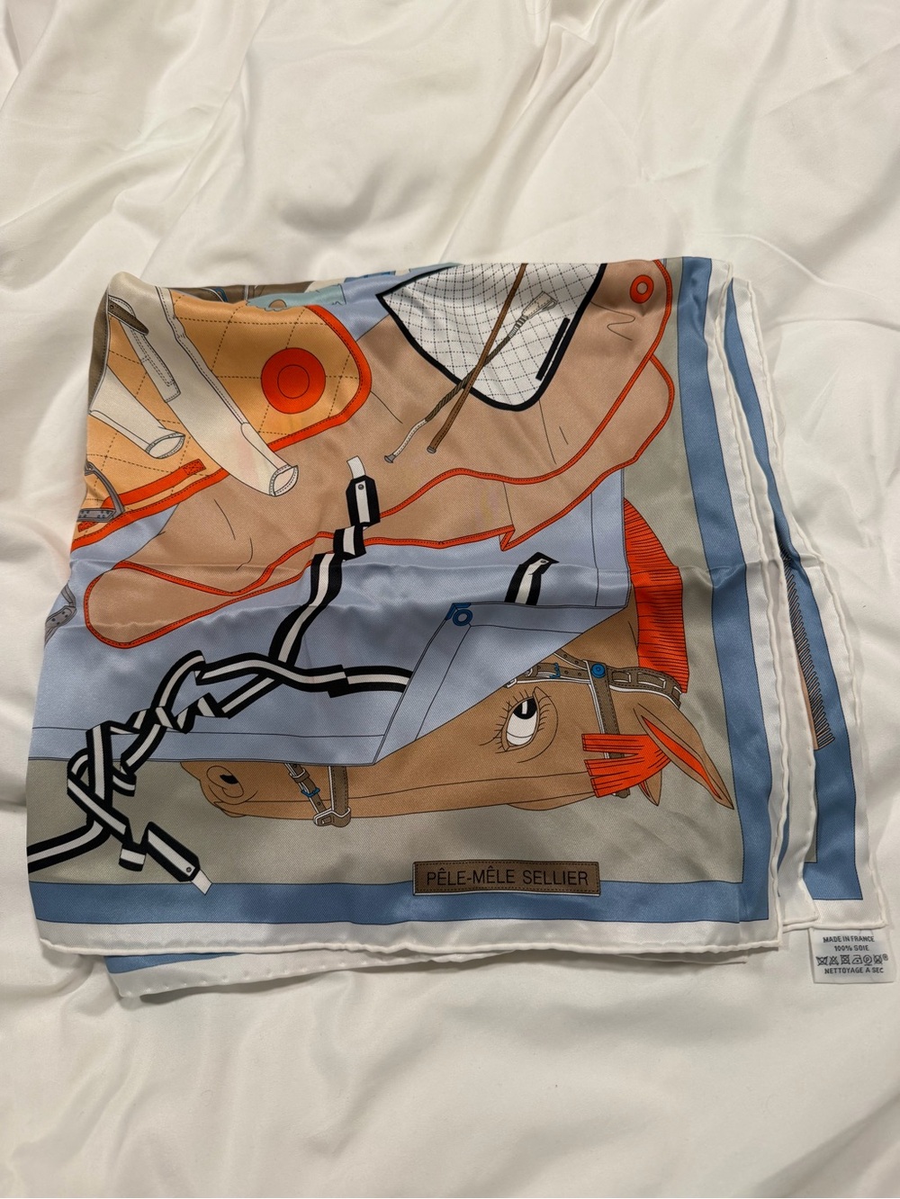 Hermes Equestrian Silk Scarf in Blue, Tan & Orange - Picture 3 of 5